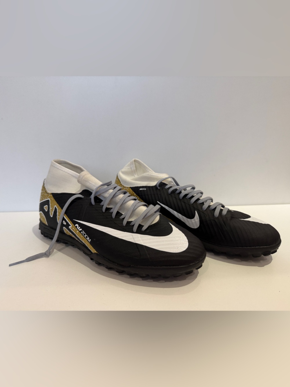 Nike Black & White Turf Soccer Shoes with Gold Heel Trim